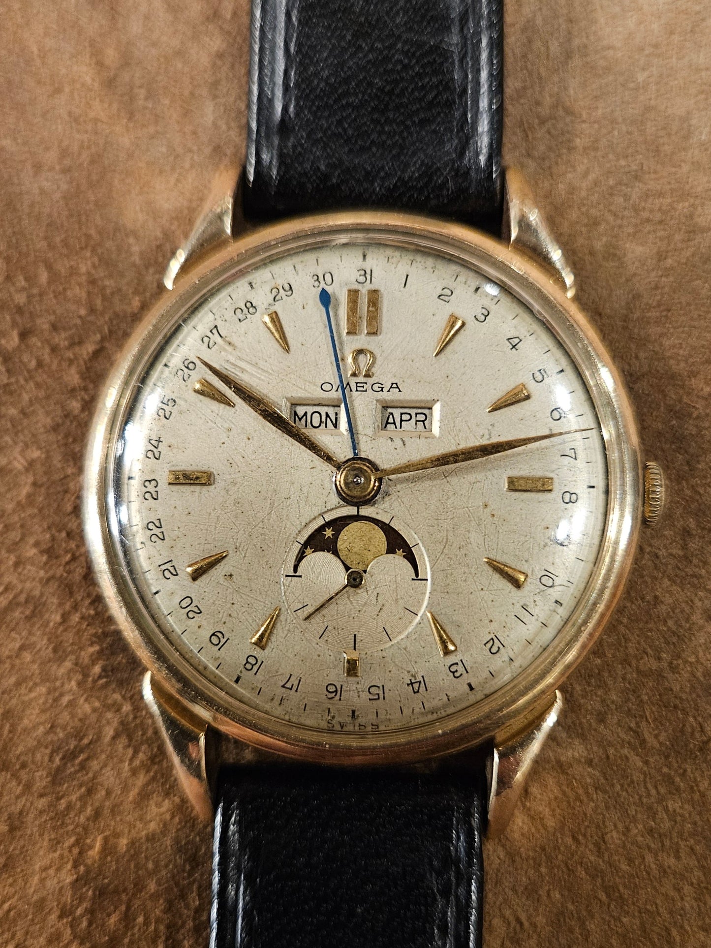 Omega Cosmo 2486 moon phase triple calendar watch from the 1940s