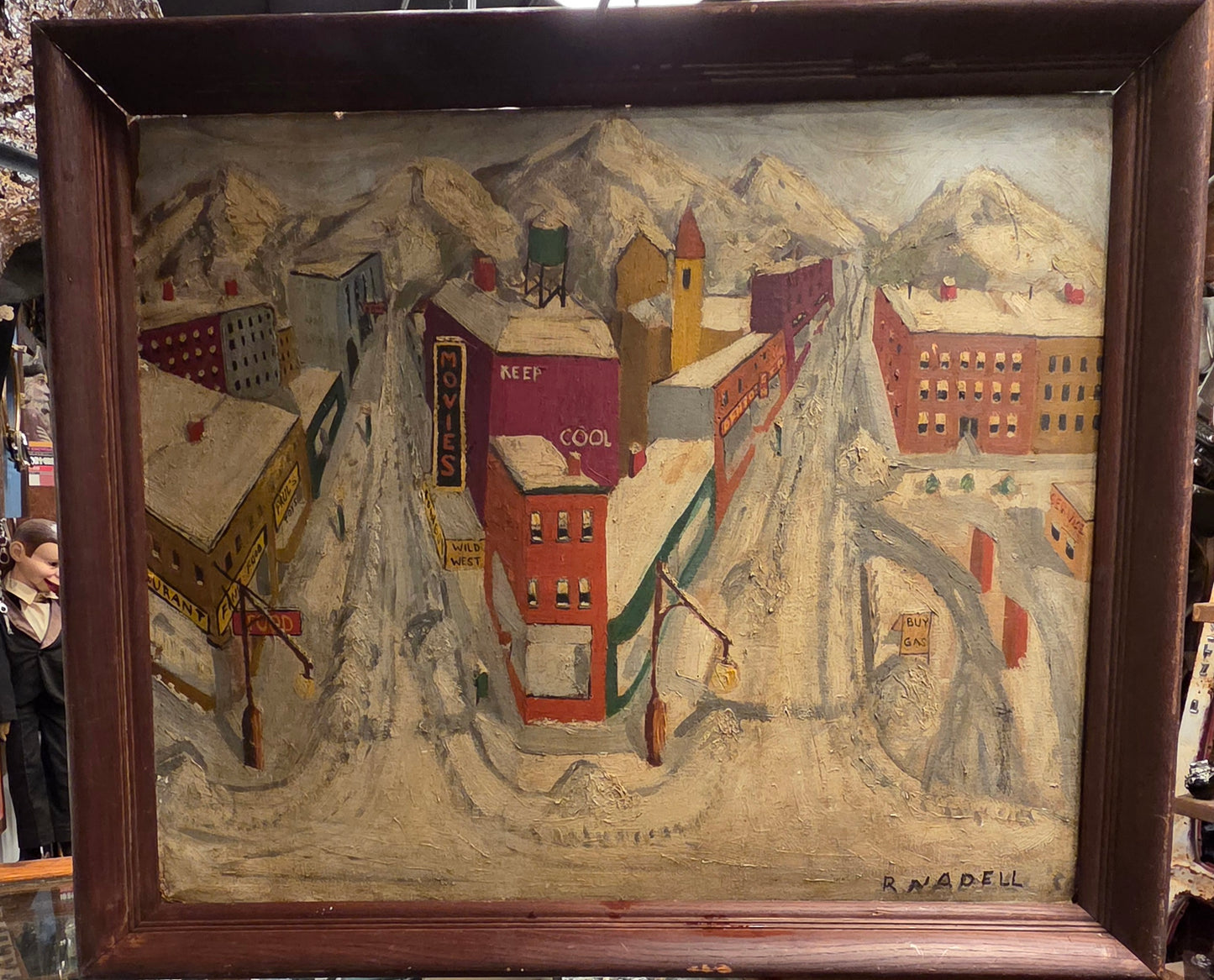 Folk art Western town landscape from the 1950s.