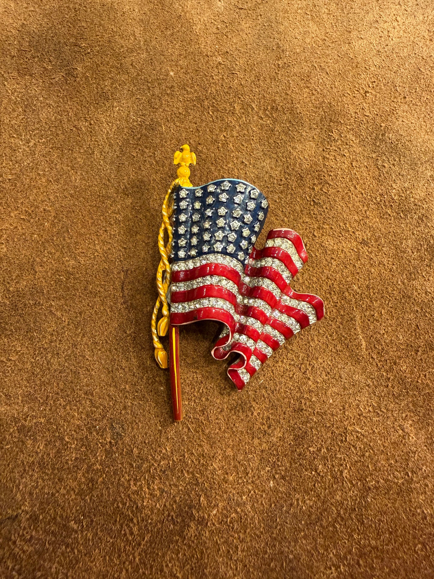 Trifari Patriotic American Flag Enamel and Rhinestone Brooch