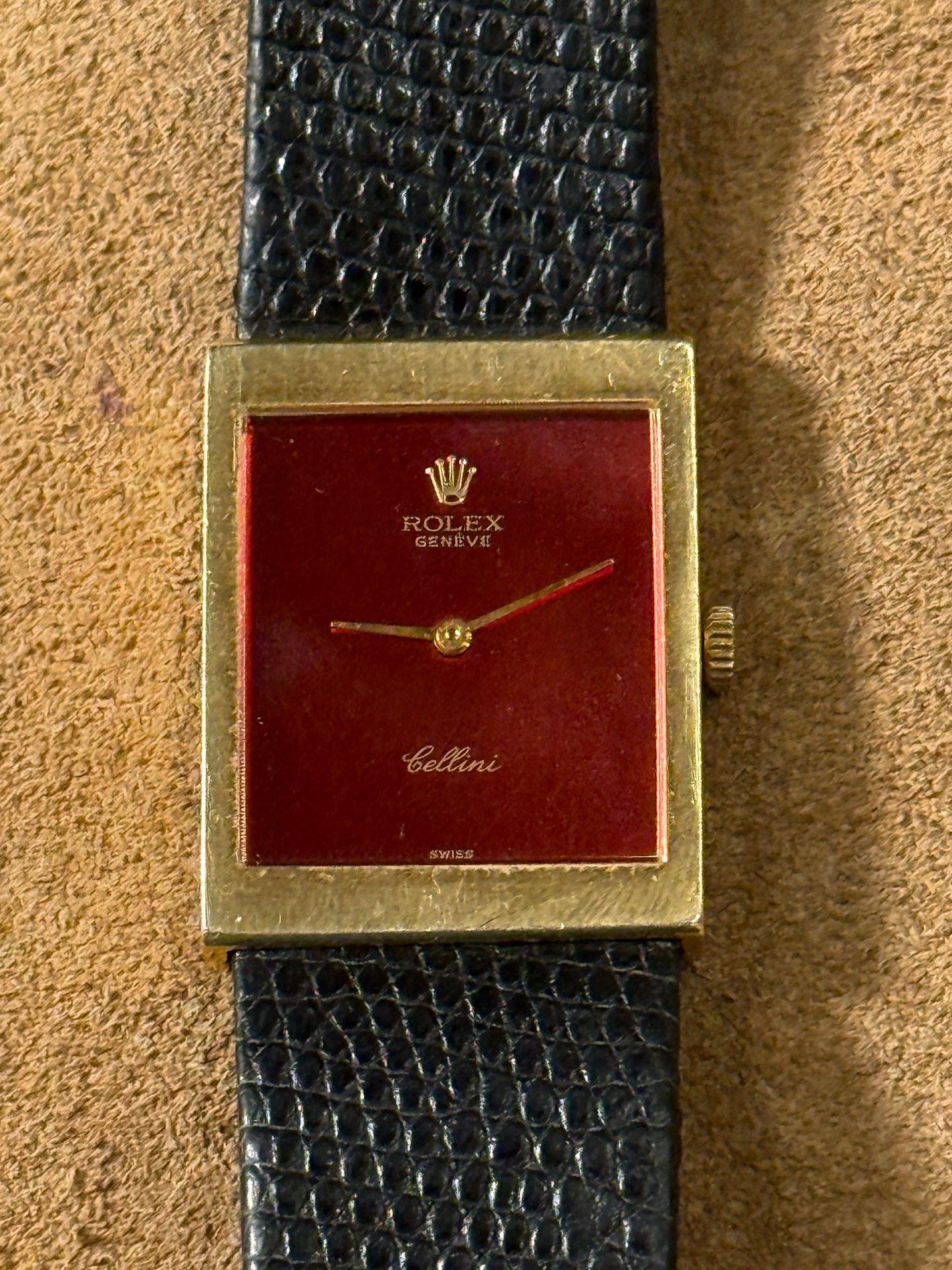 Rolex Cellini 4014 from the 1970s watch with a Burgundy mirror dial.