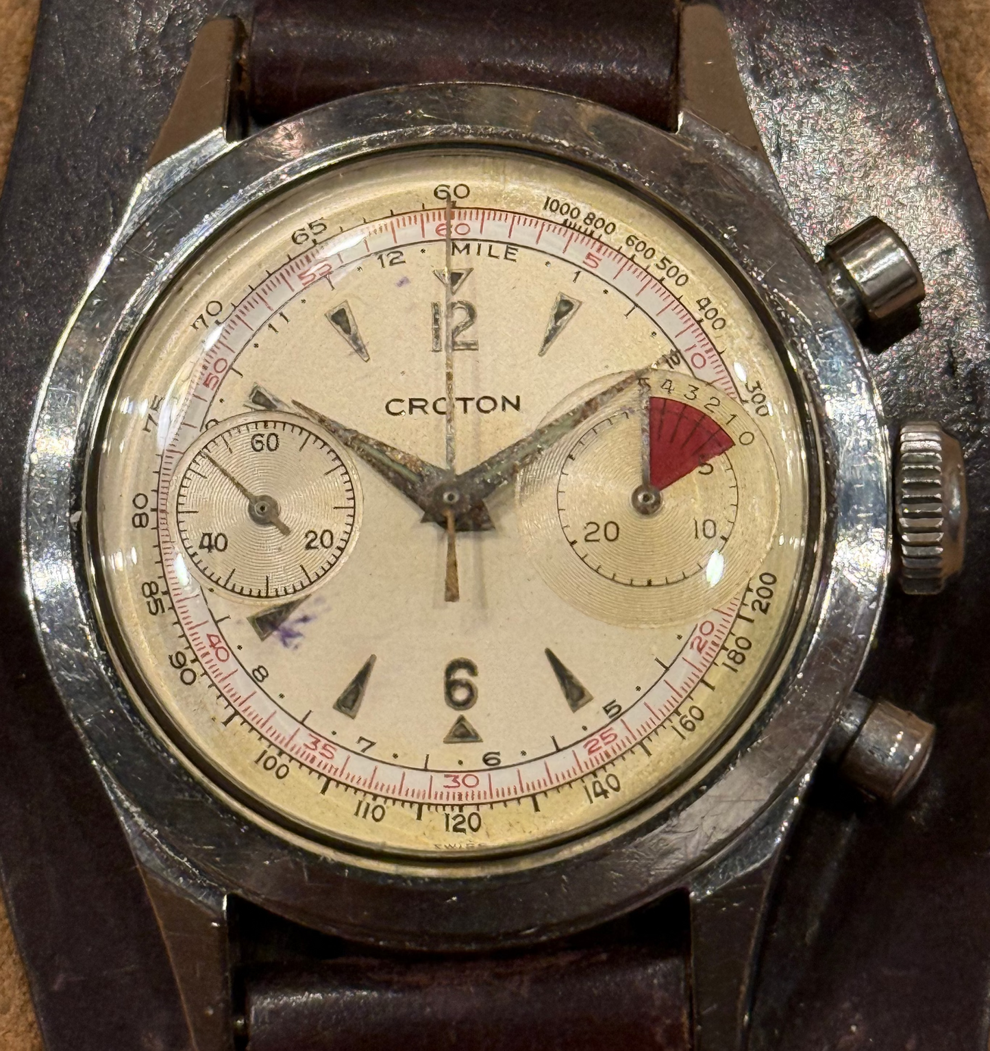 Croton Vintage Chronograph watch in stainless steel from the 1950s.