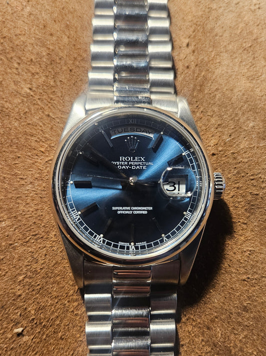 Rolex Platinum 18346 blue dial watch from 1995.