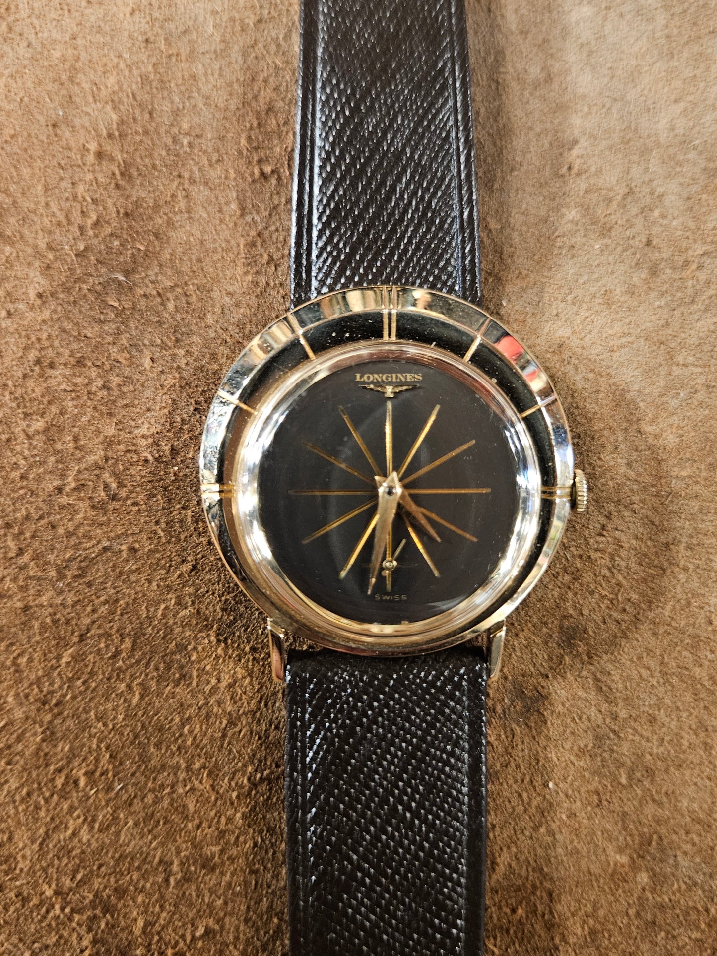 Longines Asymmetrical black dial watch from the early 1960s