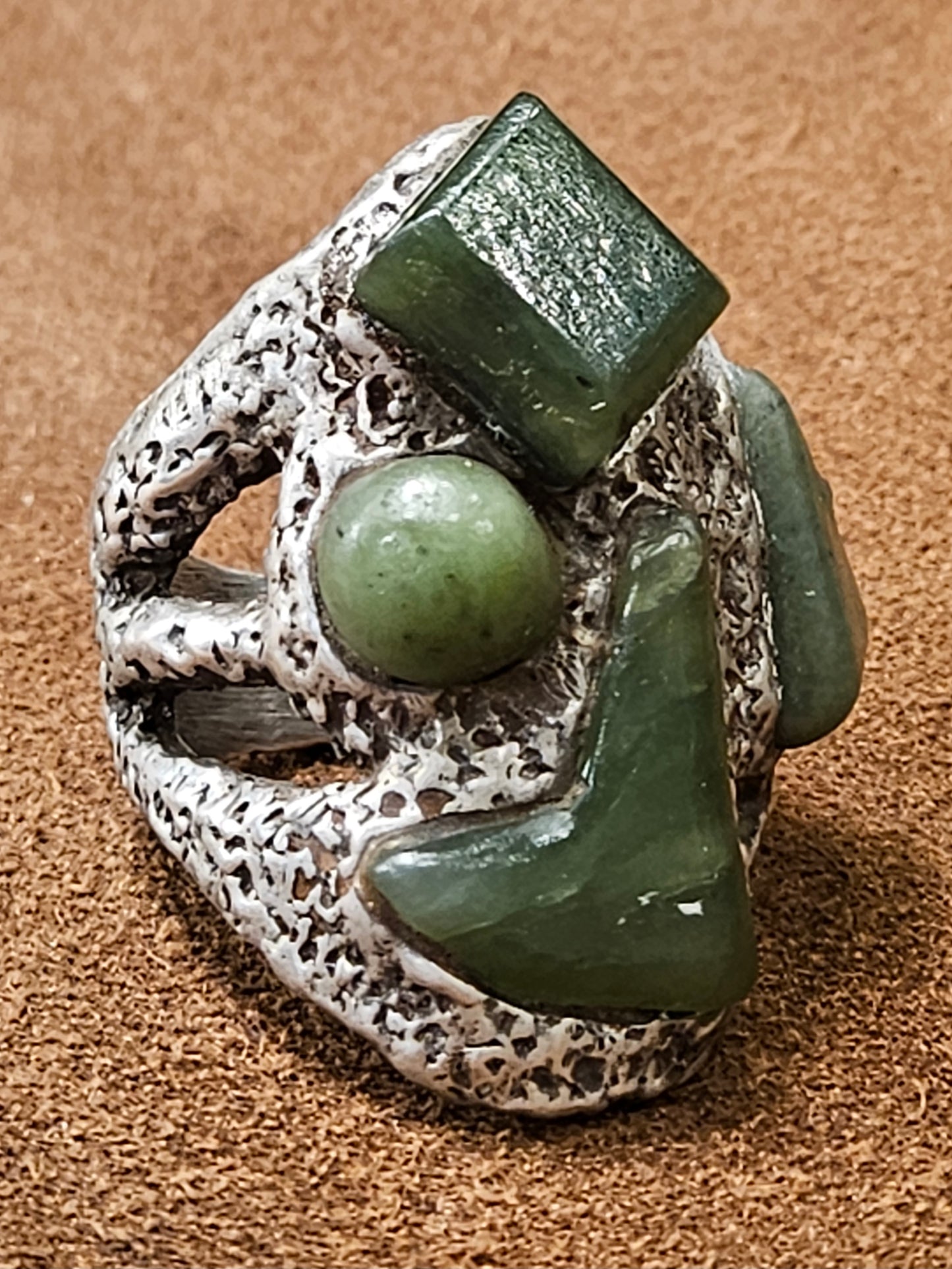 Brutalist Silver and Jade Ring