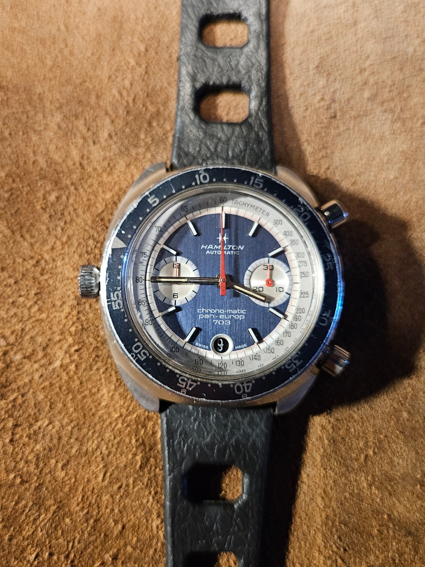 Hamilton Pan Europ Chrono matic 703 11003-3 watch from the 1970s.