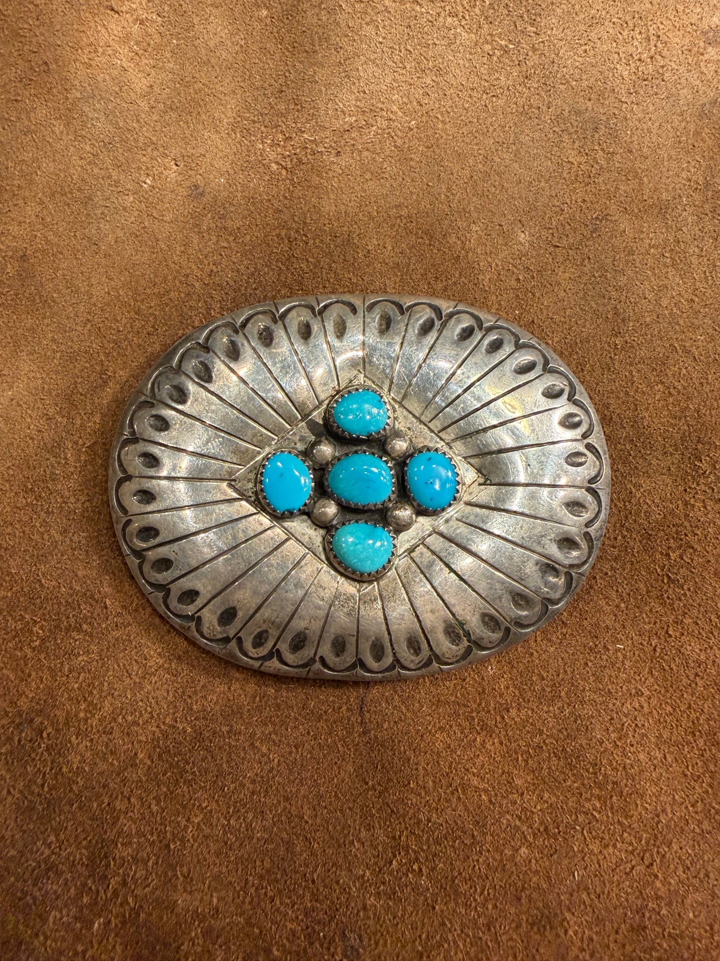 RP Signed Navajo Sterling Silver and Turquoise Belt Buckle