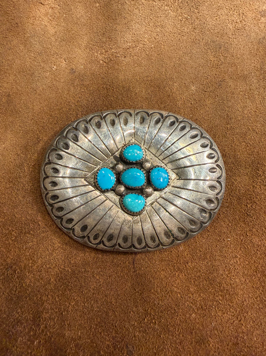 RP Signed Navajo Sterling Silver and Turquoise Belt Buckle