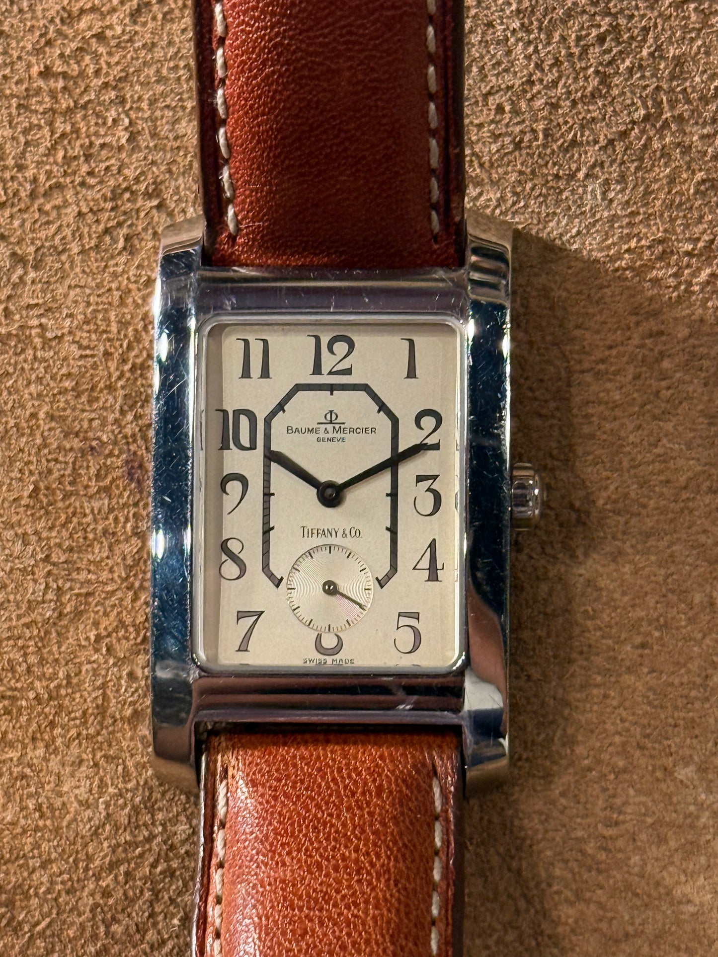 Baume Mercier Hampton signed Tiffany stainless steel Tank watch