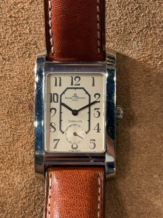 Baume Mercier Hampton signed Tiffany stainless steel Tank watch