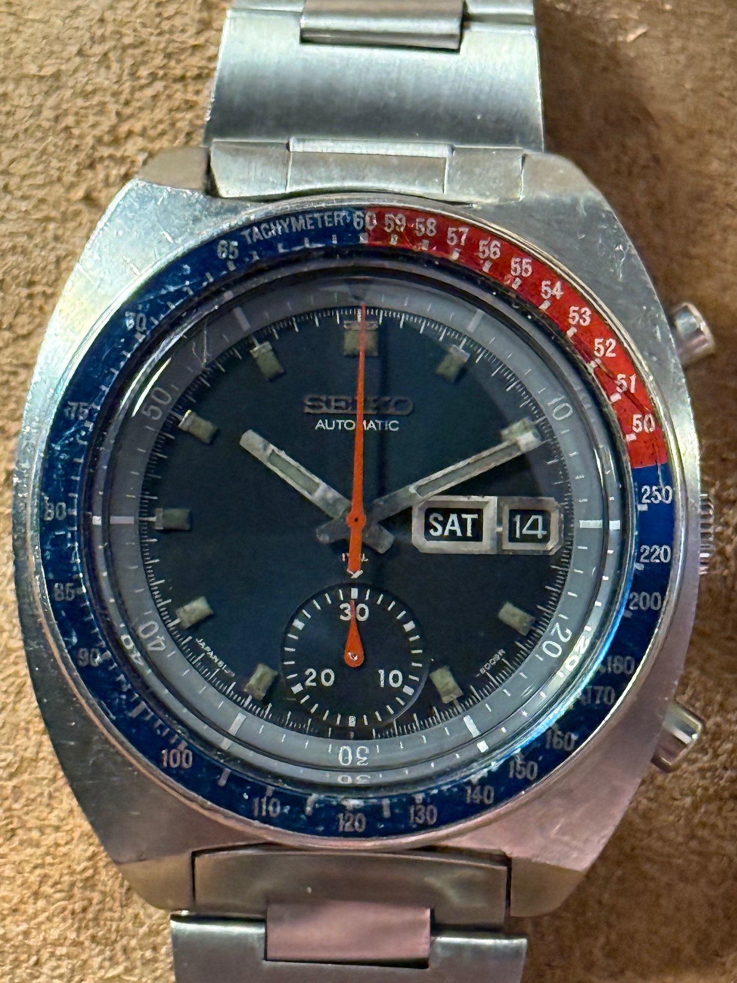 Seiko 6139-6002 Pepsi Pogue chronograph from 1970s watch.