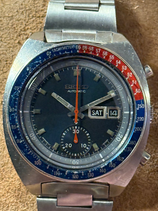 Seiko 6139-6002 Pepsi Pogue chronograph from 1970s watch.